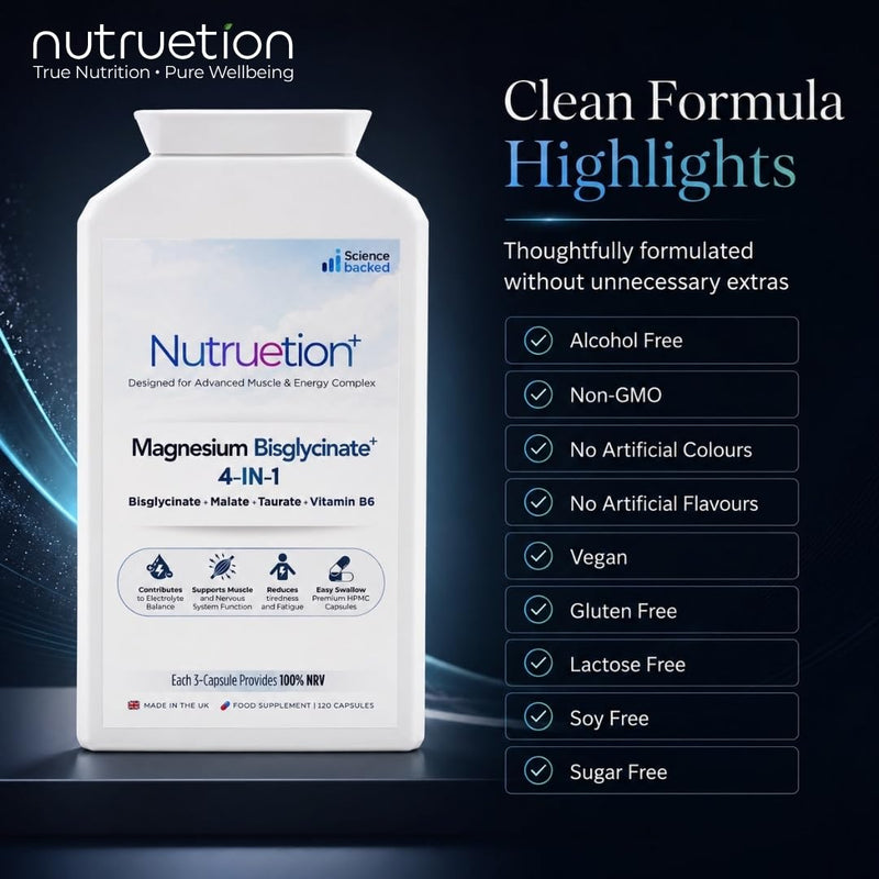 Magnesium Bisglycinate Complex 4-in-1 Supplement with Magnesium Malate, Taurate & Vitamin B6 | Muscle Function, Energy & Nervous System Support | 120 Vegan Capsules | UK Made
