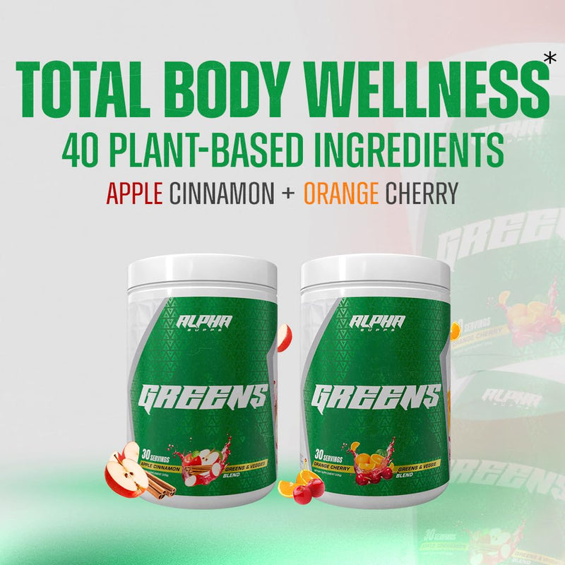 Alpha Supps - Alpha Greens Supplement | Fruit & Vegetable Superfood Powder | Over 40 Natural Plant Based Ingredients | Prebiotic & Probiotic Digestive Support Blend - 30 Servings (Orange Cherry) Orange Cherry
