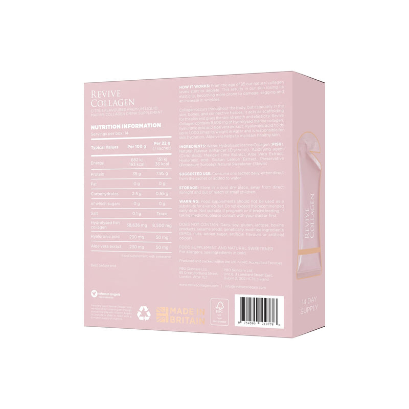 Revive Collagen Premium 8,500mg Hydrolysed Marine Collagen Drink with Added Hyaluronic Acid & Aloe Vera for Healthy Skin, Hair, Nails & Joints | Lemon & Lime | 14 x Sachets (Eco Pack) Lemon & Lime (Eco)