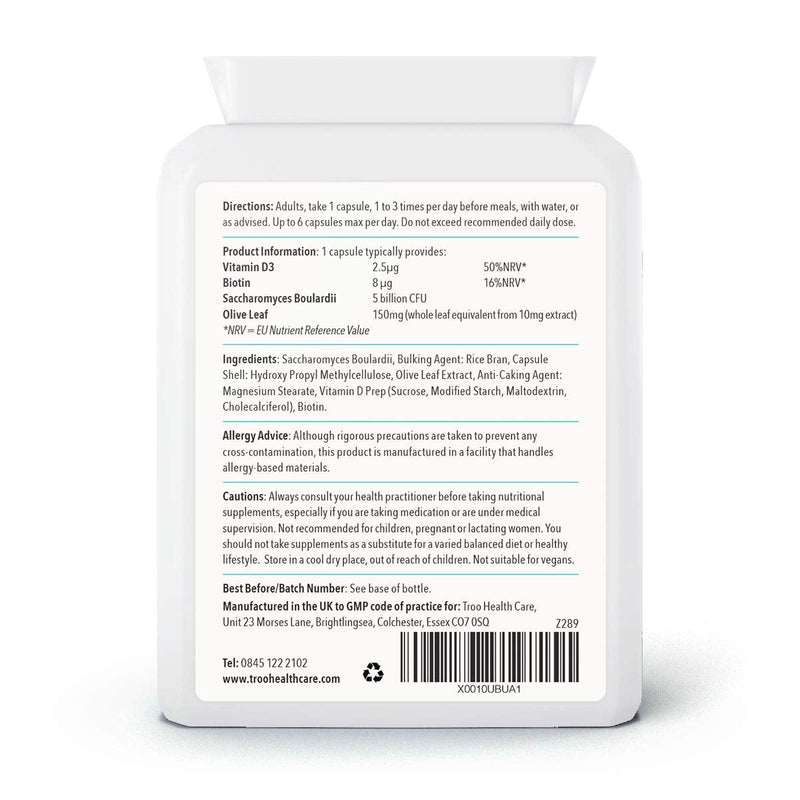 Troo Health Care Saccharomyces Boulardii Supplement - 90 Capsules – 5 Billion cfu with Olive Leaf, Biotin and Vitamin D - Highly Stable Friendly Yeast to Support Gut Bacteria Balance