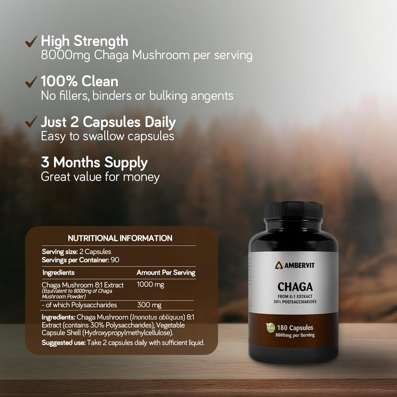 Chaga Mushroom Capsules 8000mg – High-Strength Chaga Supplement – Dual Extract with 30% Polysaccharides – 180 Capsules – Fruiting Body – Wild-Harvested from Birch Trees – Ambervit