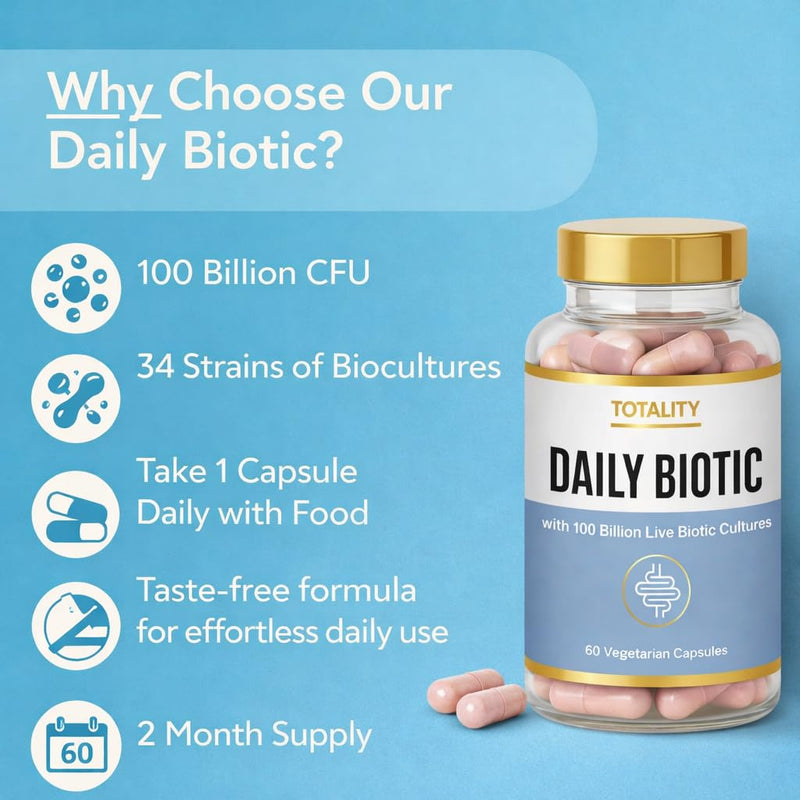 Totality Daily Biotic 60 Vegetarian Capsules I 100 Billion CFU Probiotics with 34 Prebiotics & Digestive Enzyme Strains I 2 Month Supply I Daily Digestive Support Supplement