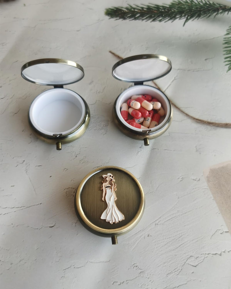 Exquisite Daily Pill Organizer Box - Weekly Vitamin Pill Box Round Metal Pill Box, Small Travel Pill Organizer Box for Purse, Round Compact Travel Medication Case (Beautiful Woman) Beautiful Woman