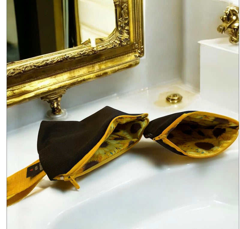Canvas Toiletry Bag Set, 2 Pieces, Black with Yellow Trim, 9x5 and 7x7 inches