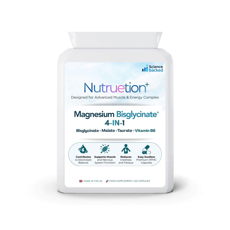 Magnesium Bisglycinate Complex 4-in-1 Supplement with Magnesium Malate, Taurate & Vitamin B6 | Muscle Function, Energy & Nervous System Support | 120 Vegan Capsules | UK Made