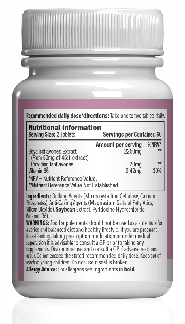 SOYA Isoflavones | Supports Hormonal Balance with Vitamin B6 | Potent Daily Formula | Vegan and Vegetarian Friendly | 120 Tablets = 2 Months’ Supply | Manufactured in The UK Unflavoured 1 count (Pack of 120)