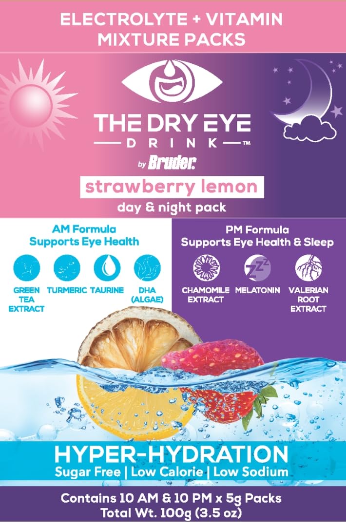 l Ultimate Hydration for Dry Eyes l Sugar-Free Electrolyte Powder Packets l Blended with Vitamins, Green Tea, Turmeric, Taurine, and DHA l 5g x 20 Packets (Strawberry Lemon AM/PM)