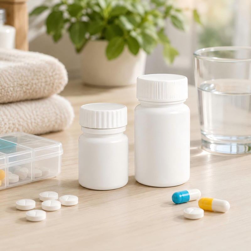 METAPACK 8 Pack 1.6 oz Food Grade Pill Bottles with Labels and Screw Caps | Opaque BPA-free HDPE construction with aluminum foil liners; ideal for tablets, capsules, vitamins, supplements and powders. White 1.6oz/50ml