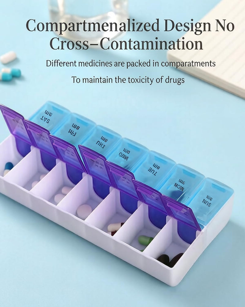 Pill Organizer,14 Compartment Weekly Portable Pill Dispenser Reminder,Travel Daily Pill Case Box Holder, Medication Planner for Vitamin,Medicine,Fish Oil,Supplements(Blue/Purple, Large) Blue/Purple