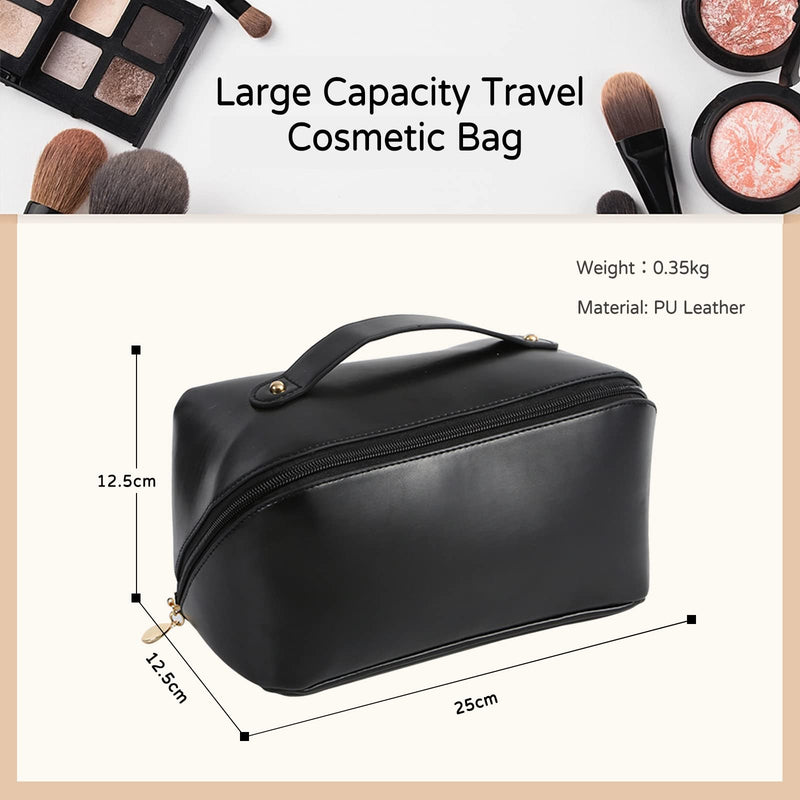 Large Capacity Travel Cosmetic Bag Make Up Bag with Handle and Zipper Multifunction Waterproof Toiletry Bag PU Travel Organiser Bag Wash Bag for Women Ladies Girls Black L