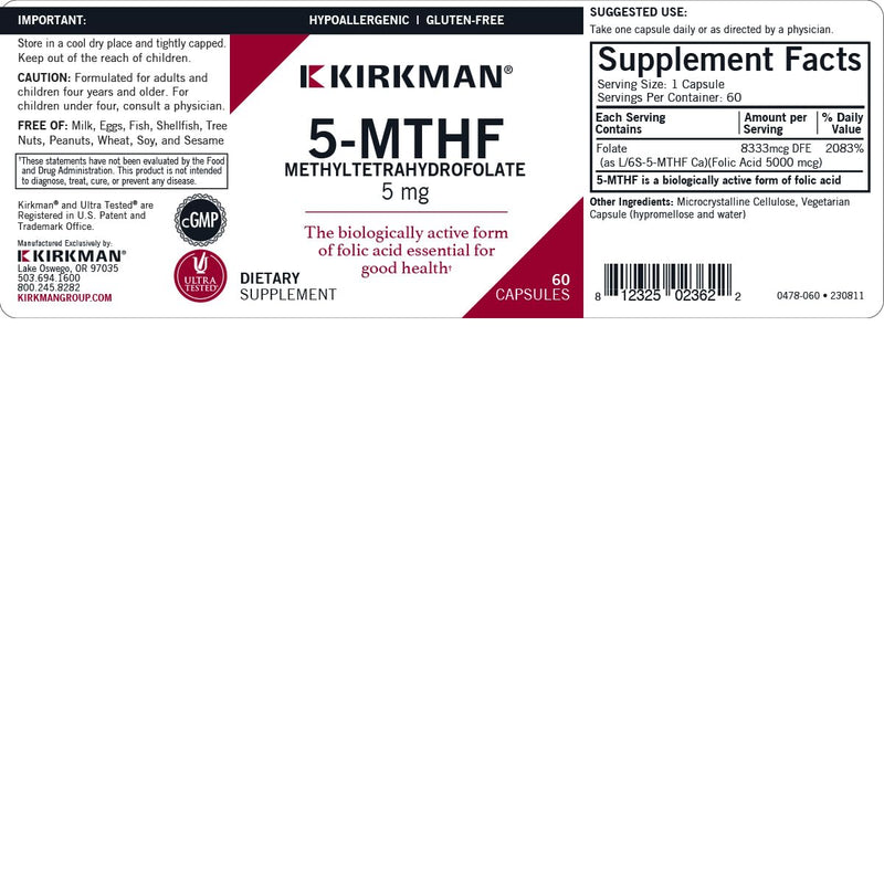 Kirkman 5-MTHF ([6S]-5-Methyltetrahydrofolate) 5 mg - Hypoallergenic | 60 Vegetarian Capsules