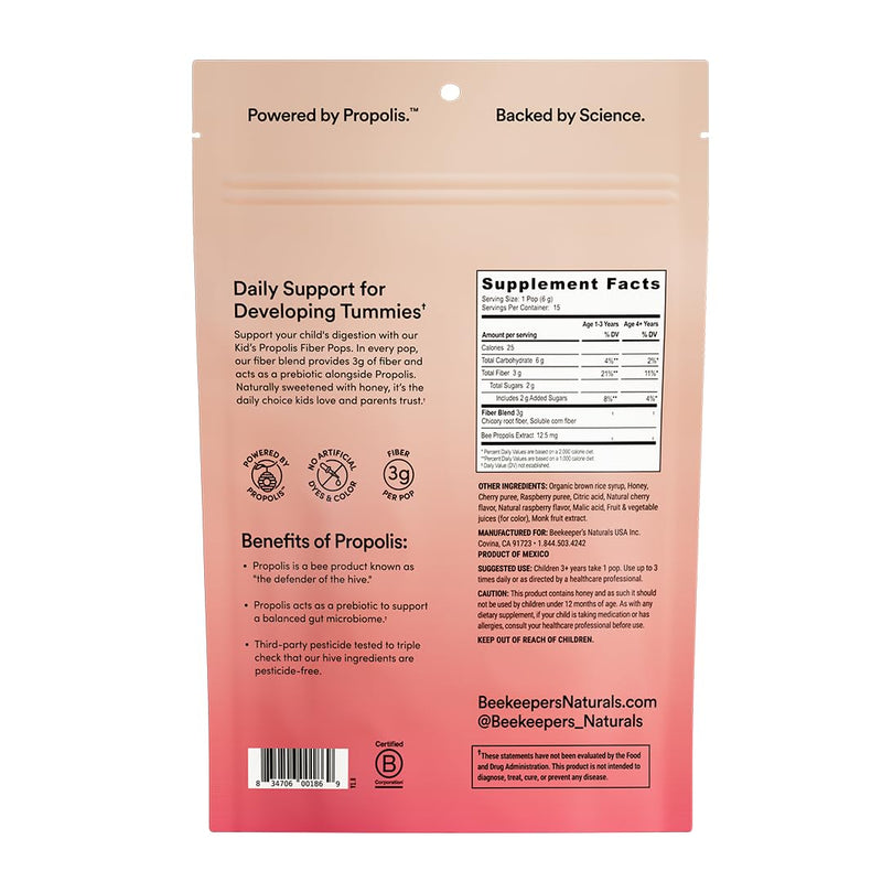 [Australia] - Kids Prebiotic Fiber Lollipops by Beekeeper's Naturals - Doctor Formulated Fiber Supplement, Supports Digestive Regularity, 3g of Fiber & Honey, Raspberry Blast & Sweet Cherry Variety Pack, 15 ct 