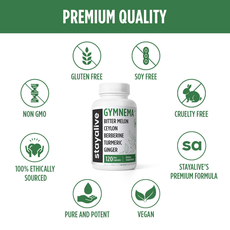 [Australia] - STAY ALIVE Gymnema Sylvestre 25:1 Extract, 120 Capsules with Bitter Melon, Ceylon Cinnamon, Berberine, Turmeric, Ginger, Amla Powder and Fenugreek, Non-GMO & Gluten Free Gymnema Sylvestre Supplement 
