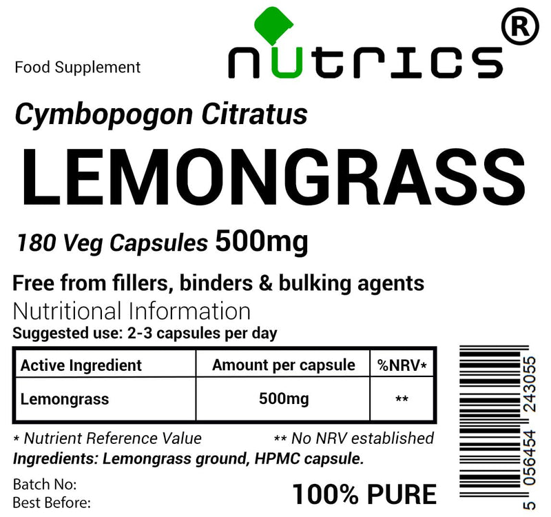500mg Lemongrass 180 Veg Capsules - Cymbopogon Citratus 100% Pure - Free from fillers, Binders & Bulking Agents (180 V Capsules)