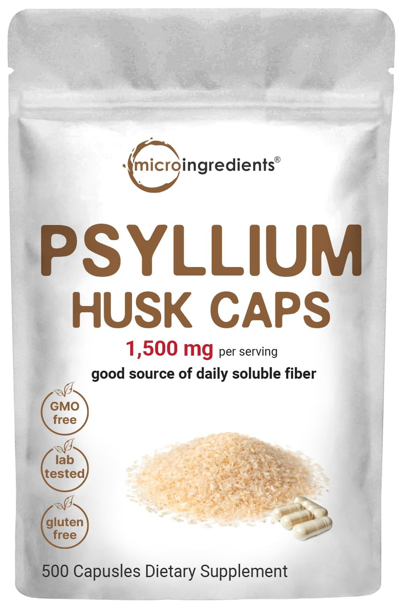 [Australia] - Micro Ingredients Psyllium Husk Caps, 500 Capsules | Soluble Fiber Supplement | India Origin | Natural Prebiotics & Probiotics | Gut & Digestive Health | Non-GMO, Gluten Free, Vegan 