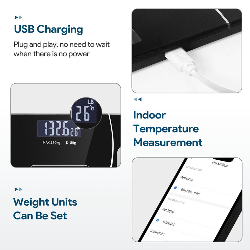 [Australia] - Stylish LED Display Body Fat Scale, Weight Scale, Bluetooth Smart Scale with Health app Integration, Body Fat and Health Monitor with app sync, Suitable for Bathroom (Black) Black 
