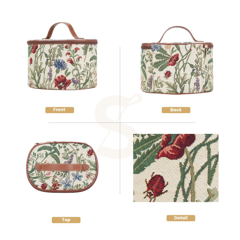 Signare Tapestry Toiletry Bag Makeup Organizer bag for Women with Sunflower Poppy Butterfly Dragonfly Morning Garden Design (TOIL-MGD)