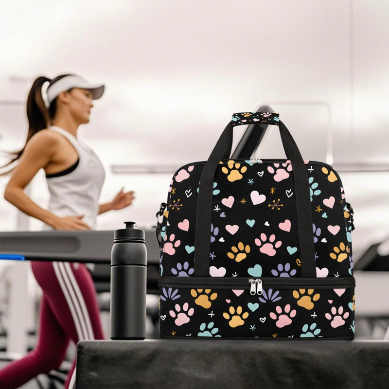 Weekender Bag for Women Man, Paw Prints Foldie Travel Duffel Bag with Shoe Compartment, Carry on Overnight Bag Sports Gym Bag for Airplanes Yoga Dance Beach Swim Hospital A-007