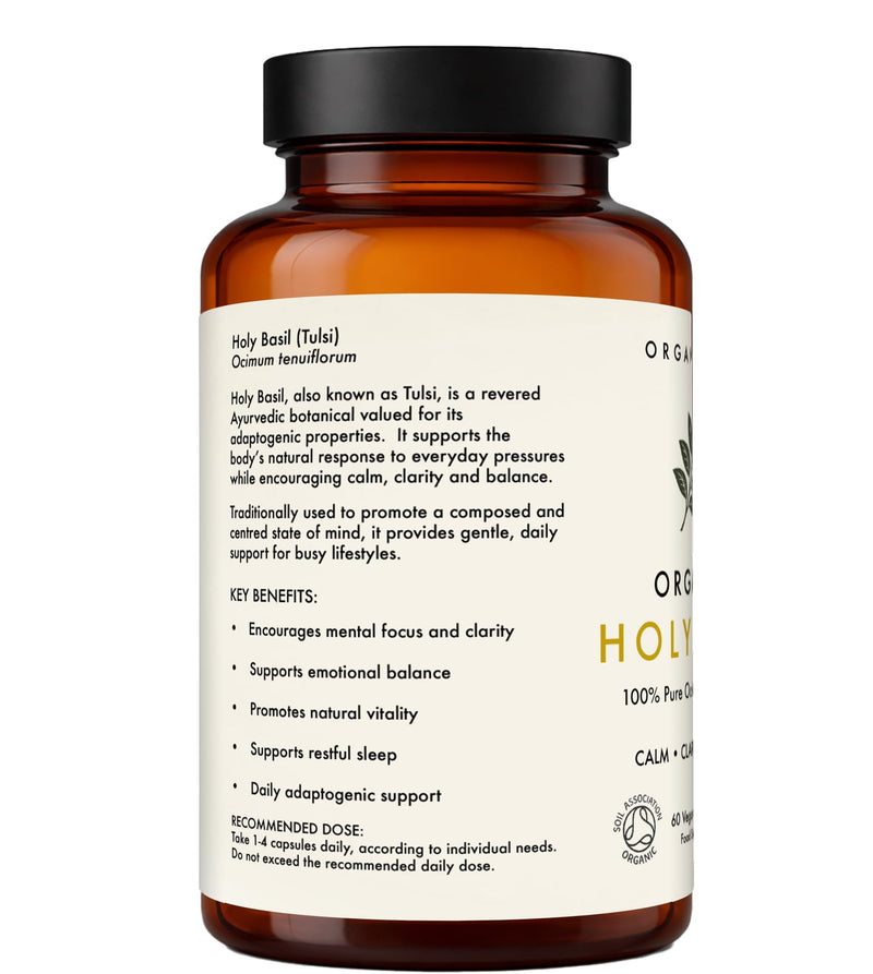 Organic Holy Basil Capsules | 500mg Organic Tulsi Leaf | Ocimum Tenuiflorum | Vegan Capsules | Adaptogenic Balance & Clarity | No Fillers or Flow Agents | Soil Association Certified