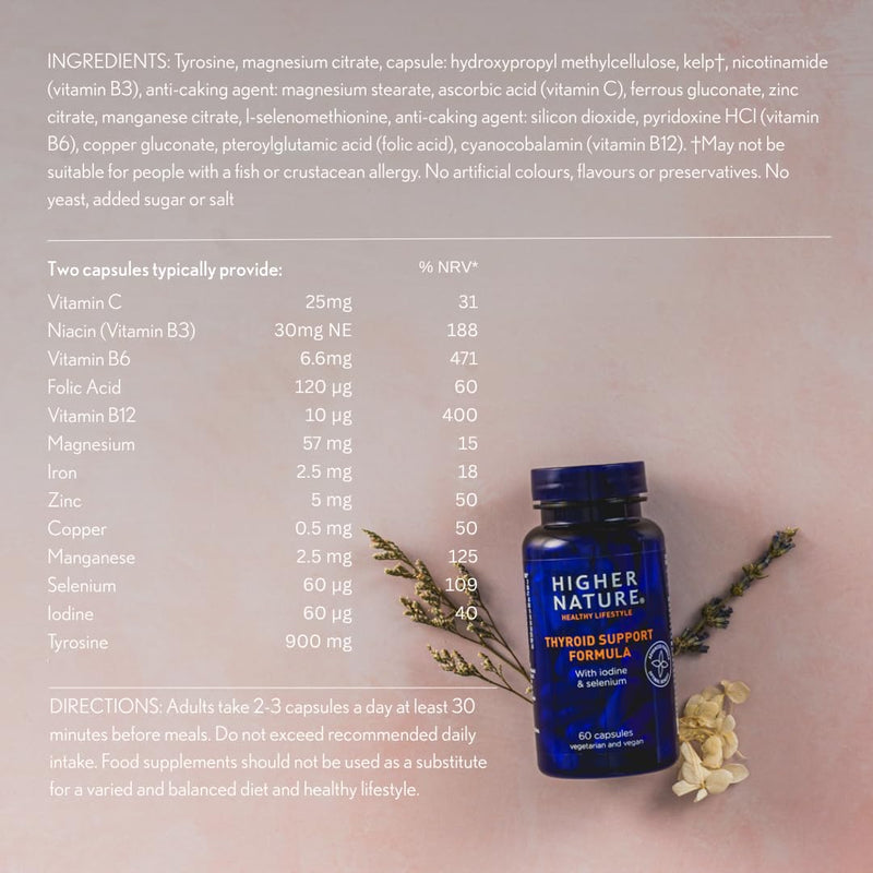 Higher Nature Thyroid Support Formula with Iodine, Selenium, Vitamin C, B12 & Iron - for Reduction of Tiredness & Fatigue - Vegan Thyroid Support Supplement for Women & Men - 60 Capsules