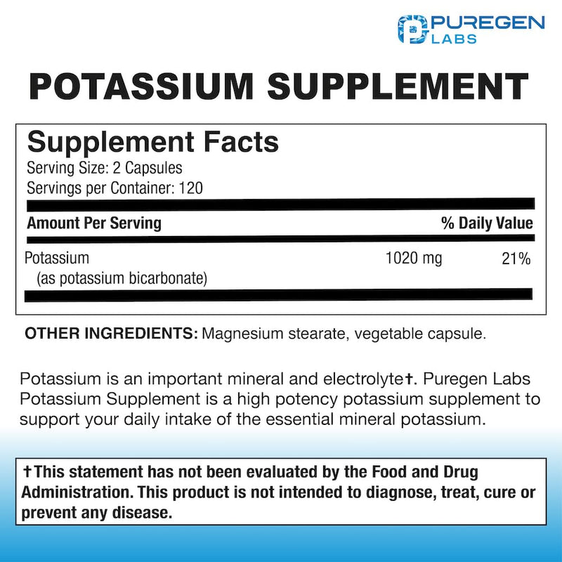 [Australia] - Puregen Labs Potassium Bicarbonate Supplement 1020 mg | Non-GMO | Gluten Free | Made in USA | 240 Vegetarian Capsules 