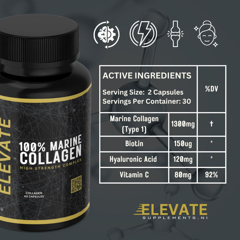 Elevate Supplements 100% Marine Collagen (Type 1), 60 Capsules | Added Hyaluronic Acid, Vitamin C & Biotin for Skin, Hair, Nail, Joint & Nervous System Support | Multi-Benefit Beauty Supplement
