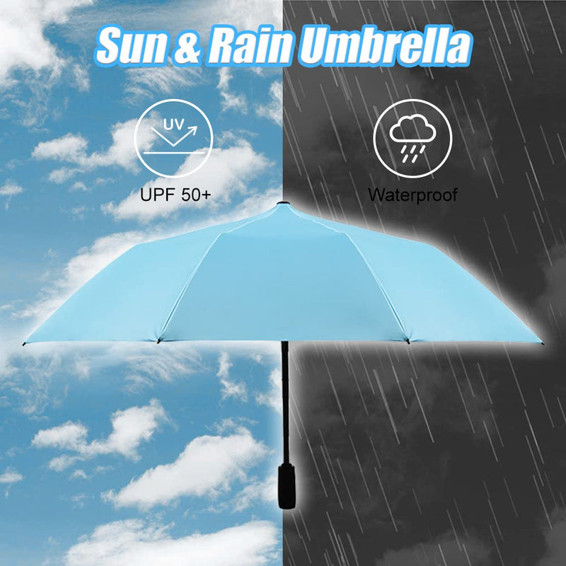 WOOLALA UV Sun & Rain Umbrella with Built-in Cooling Fan, Portable Foldable Design, UPF 50+ Protection, USB Rechargeable for Sports Games, Theme Parks on Hot Days Blue Outside