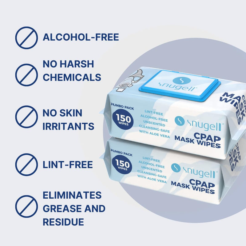 [Australia] - Snugell Unscented Travel CPAP Mask Wipes Antibacterial (150 Count) ‚Äì100% Soft Cotton‚Äì Lint & Alcohol-Free,Skin Safe with Aloe Vera ‚Äì Easy Opening CPAP Cleaner and Sanitizer for Masks, Tubes & Devices 150 Count (Pack of 1) 