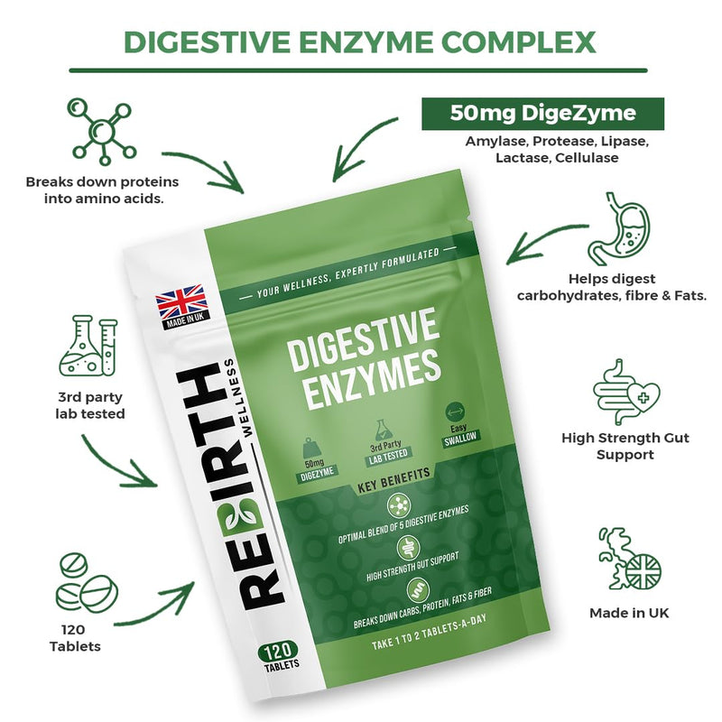 Digestive Enzyme Supplements - 120 Tablets for Optimal Gut Health - Contains DigeZyme, Lactase, Protease - Promotes Healthy Digestion, Essential Digestive Enzymes - UK Made, Vegan