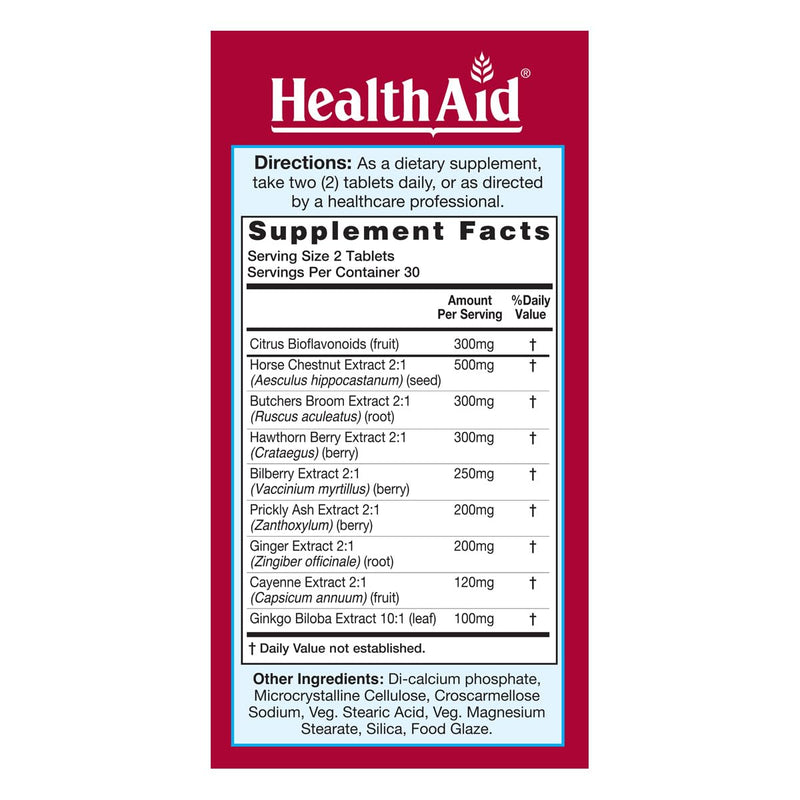HealthAid V-Vein, Beneficial Nutrients for Healthy Circulation for Legs and feet, 60ct, Once Daily, Contains Ginkgo, Grape Seed, Vitamin C and Bilberry, Vegan