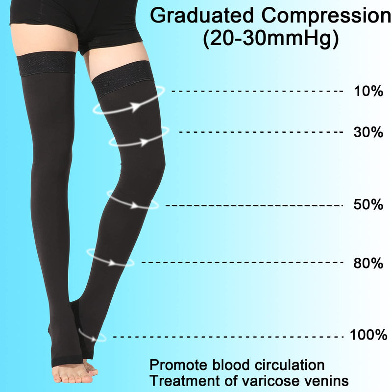 [Australia] - Open Toe Thigh High Medical Compression Stockings For Women & Men 20-30 mmHg Firm Graduated Support Hose Socks For DVT,Varicose Veins,Relief Shin Splints,Edema,Swelling Open Toe Black Medium 