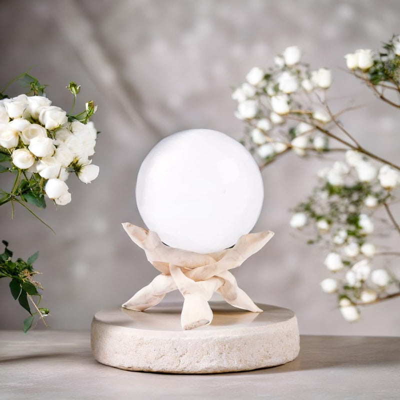 Wish Well Large Selenite Crystal Sphere with Natural Wooden Stand | 3.14" Selenite Crystal Sphere with 4" Wooden Stand for Cleansing, Energy Healing, Protection, Spiritual Decor, and Gifts