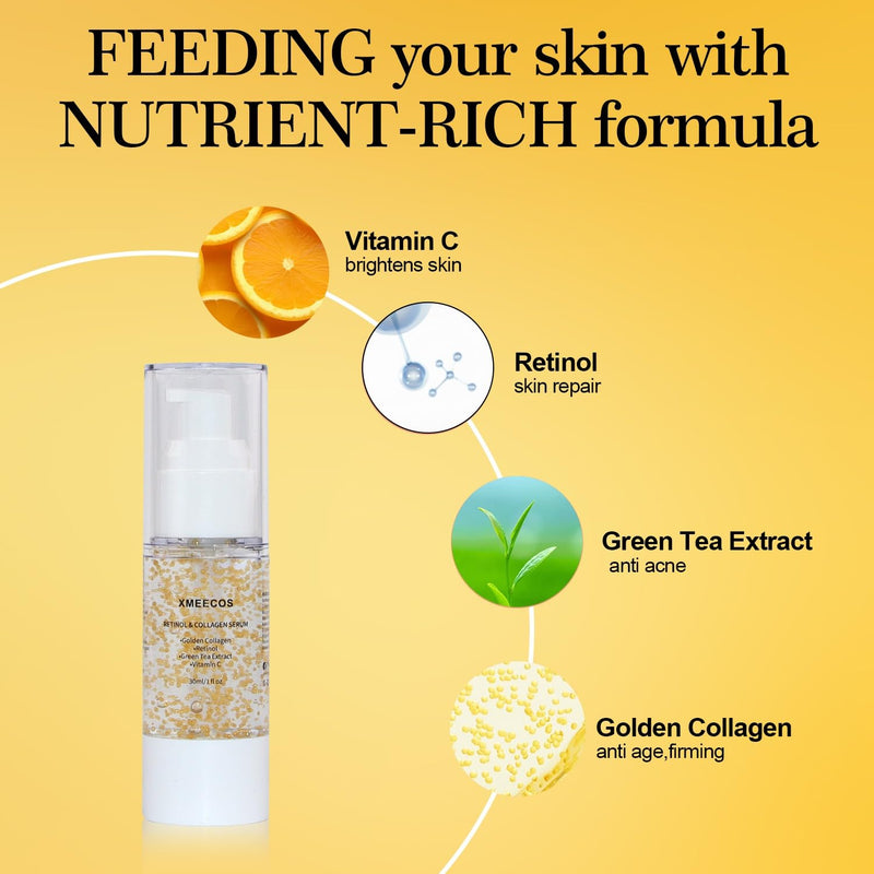XMEECOS Retinol and Collagen Serum for face with Collagen Balls Niacinamide Green Tea Extract Vitamin C Retinol Natural Anti-aging Moisturizing Vitamin A Soothing and Amino Acid| Giftable|