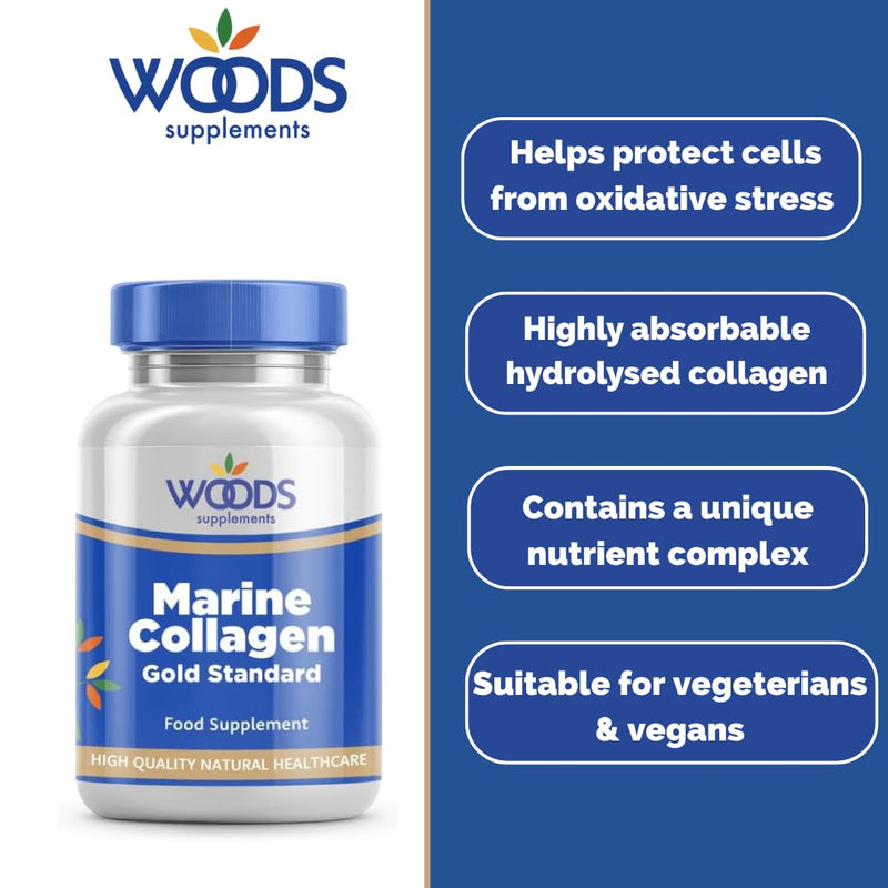 Woods Supplements - High Strength Collagen 150x Tablets. Marine Collagen with Hyaluronic Acid, Vitamin E, C, B6, Biotin & Zinc Food Supplement for Healthy Hair, Skin, Energy Production and Metabolism 150