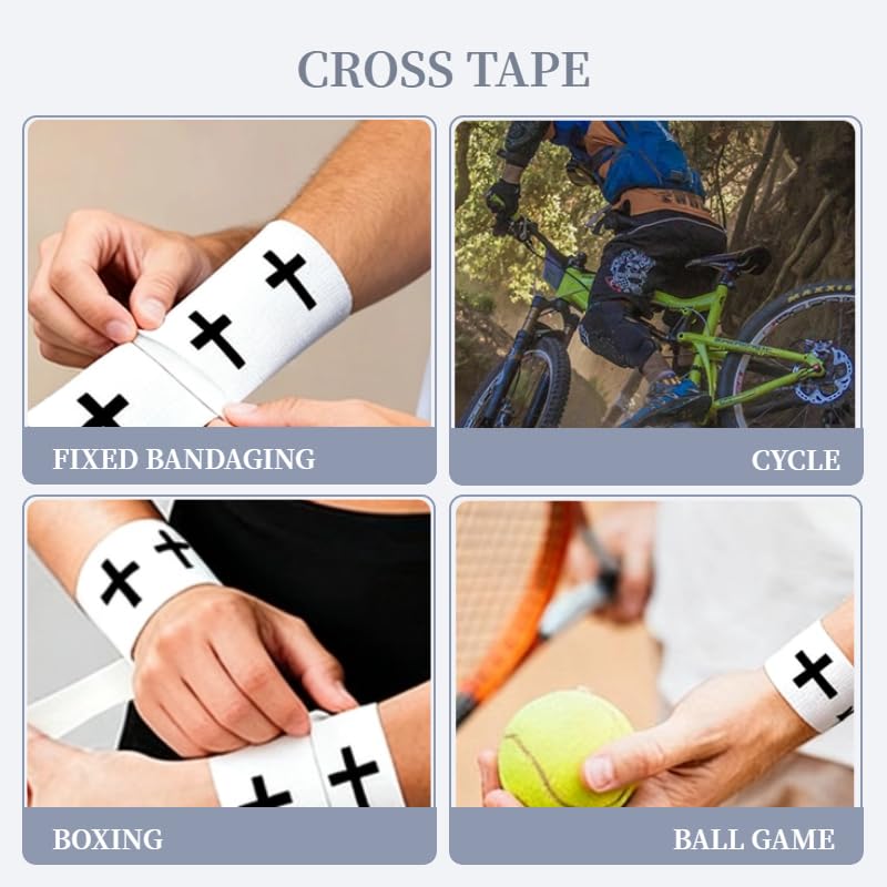 Christian Sports Tape with Cross Design, 4 Rolls Precut Cotton Kinesiology Wrap for Wrist & Ankle Support in Football, Boxing, Gym, 2 Inch x 23 Feet Each，Ideal Faith-Based Gift