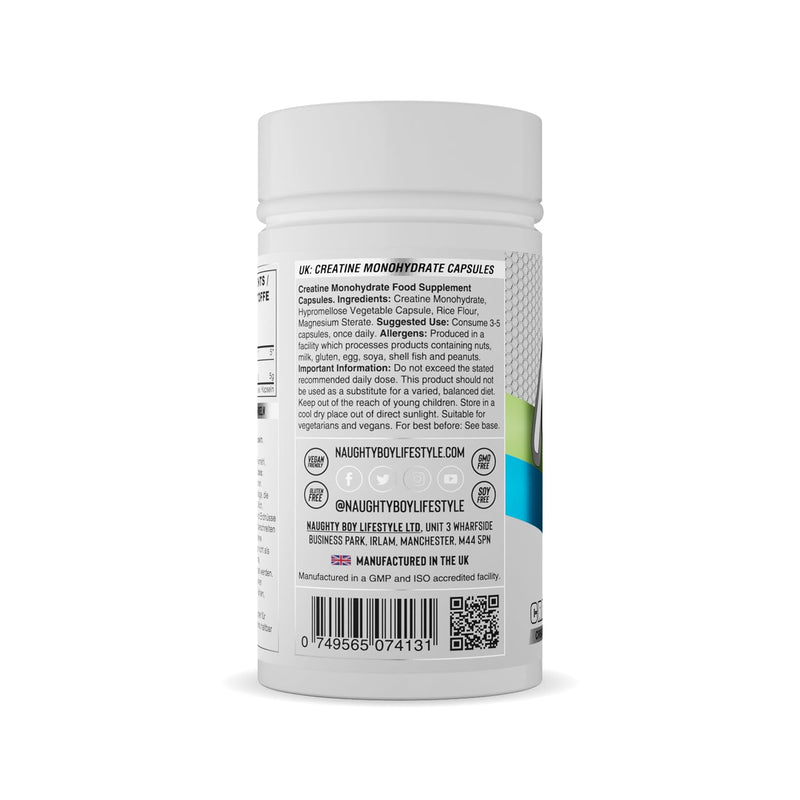 NaughtyBoy Creatine Monohydrate Capsules - 120 Capsules, Supports Strength, Power & Endurance, 1 of The Most Researched Sports Supplements, Easy-to-Swallow Format