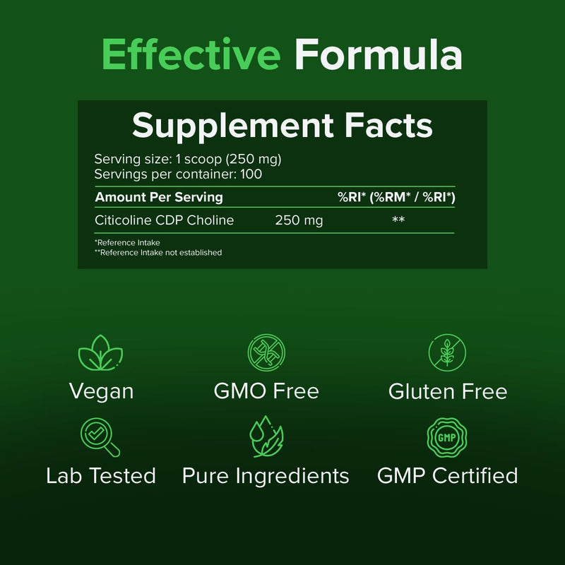 Citicoline CDP-Choline Powder 25g – Cognitive Function & Mental Performance Support – 250mg per Serving, Vegan, GMO & Gluten Free – Raw Powders