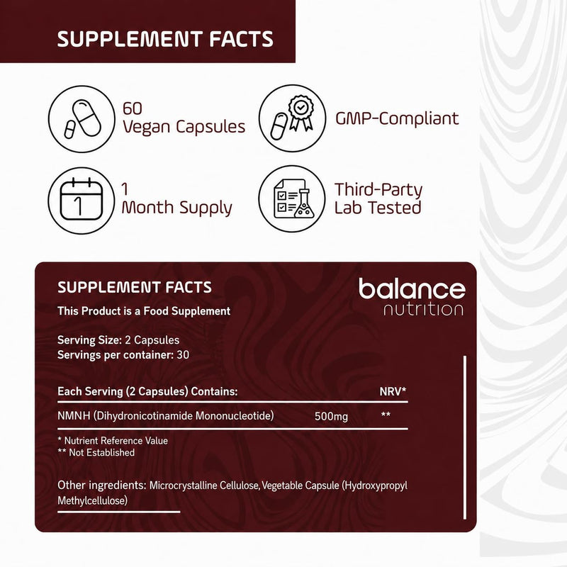 NMNH Supplement 500mg, NAD+ Booster, 60 Capsules, Healthy Ageing, Cellular Health, Energy & DNA Repair