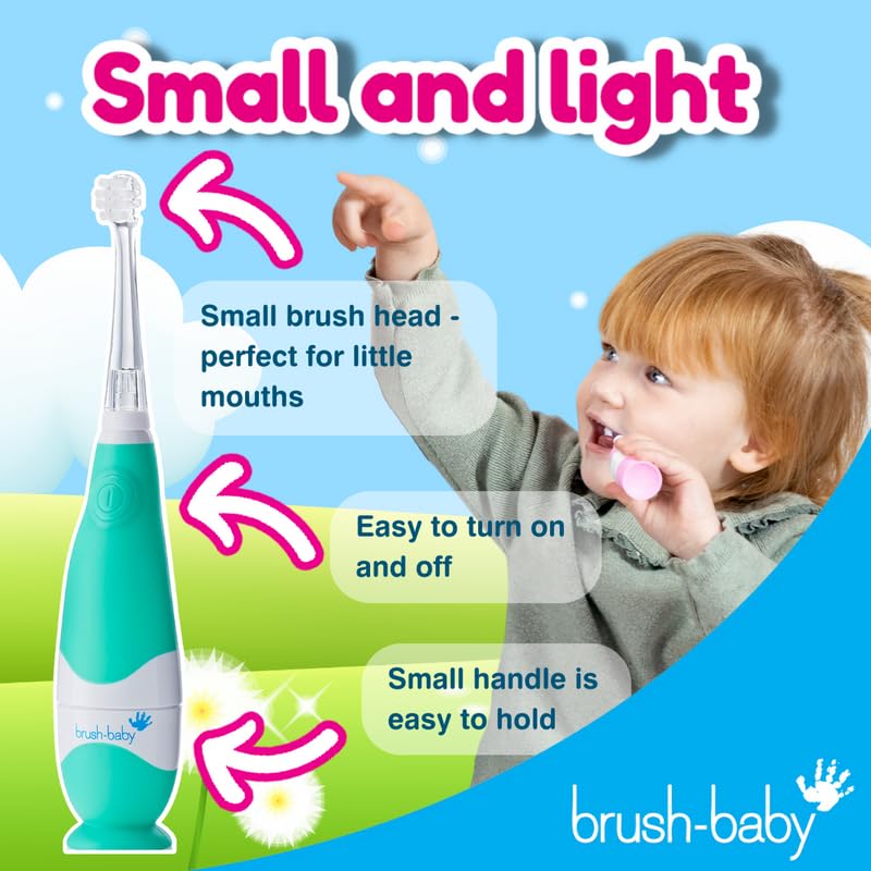 [Australia] - brush-baby BabySonic Infant and Toddler Electric Toothbrush for Ages 0-3 Years - Smart LED Timer and Gentle Vibration Provide a Fun Brushing Experience - includes 2 Sensitive Brush Heads (Teal) Teal 