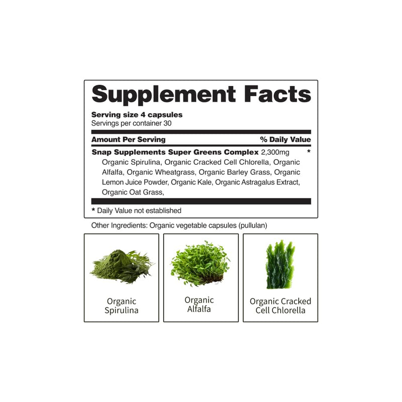 [Australia] - Snap Supplements USDA Organic Spirulina Chlorella Capsules - Green Superfoods for Natural Energy and Metabolic Health, 120 Capsules 