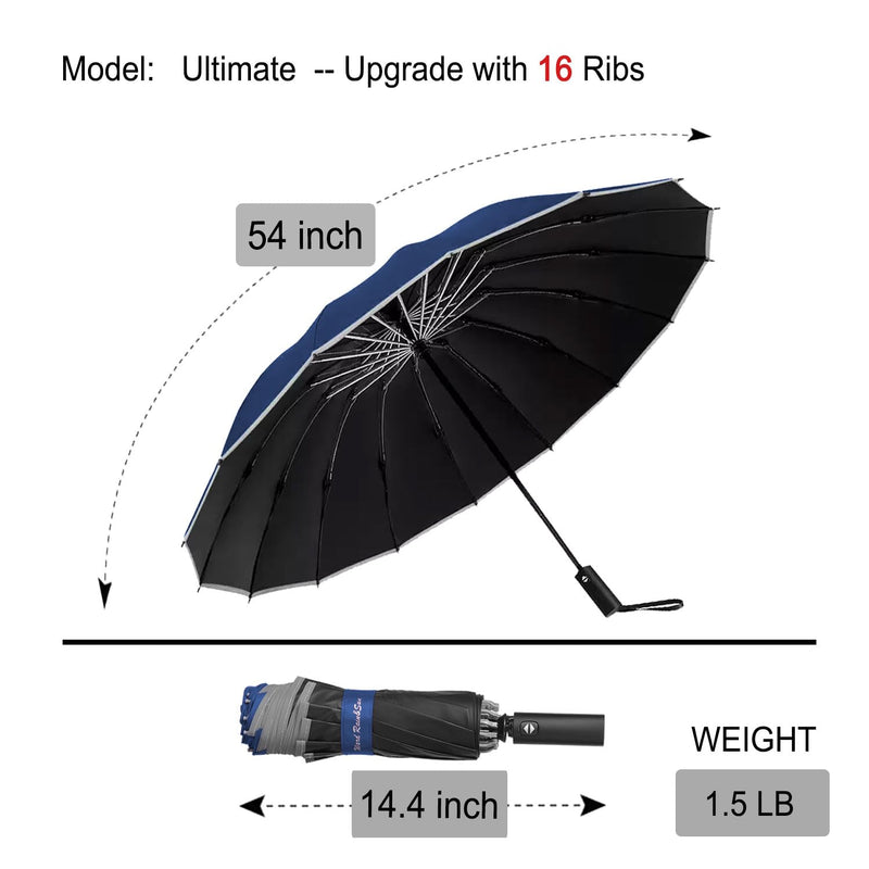 Ward Rain&Sun Windproof Inverted Travel Umbrella - 10/12/16-Rib Designs with Automatic Folding, Compact & Portable, Durable Reverse-Fold Rain Umbrella for Car & Backpack F1.2.UV.Navy Blue
