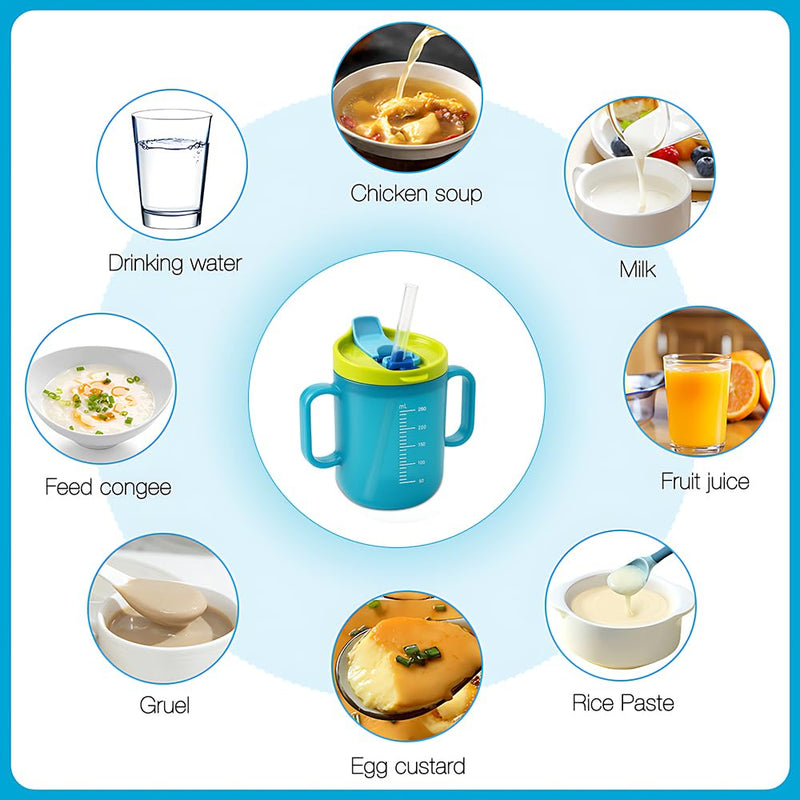 2 PCS Elderly Spill Proof Cups, 280 ml Unspillable Cup with 2 Handles, Elderly Drinking Cup, Feeding Cup Drinking Cup with Lid and Straw, Adult Sippy Cups for The Elderly Non Spill (Blue) Blue(2pcs)