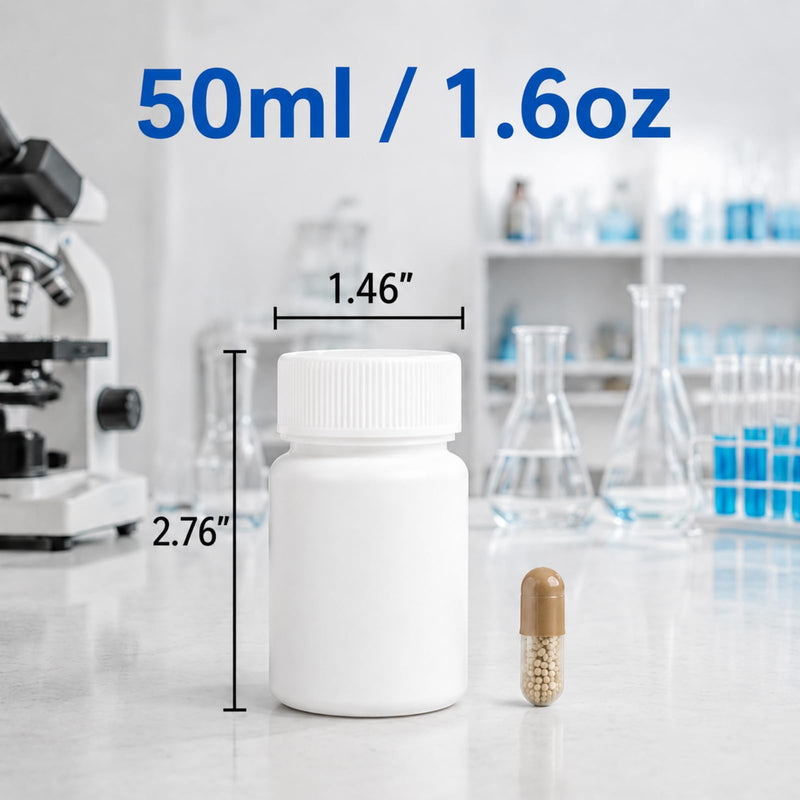 METAPACK 8 Pack 1.6 oz Food Grade Pill Bottles with Labels and Screw Caps | Opaque BPA-free HDPE construction with aluminum foil liners; ideal for tablets, capsules, vitamins, supplements and powders. White 1.6oz/50ml