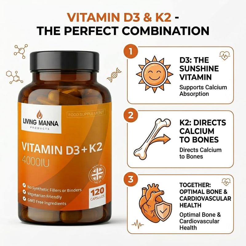 Vitamin D3 4000 IU + K2 MK‑7 100mcg High Strength | 120 Vegetarian Capsules | Bone, Immune & Heart Support | Pure D3 & K2 | UK Made – Living Manna 120 count (Pack of 1)