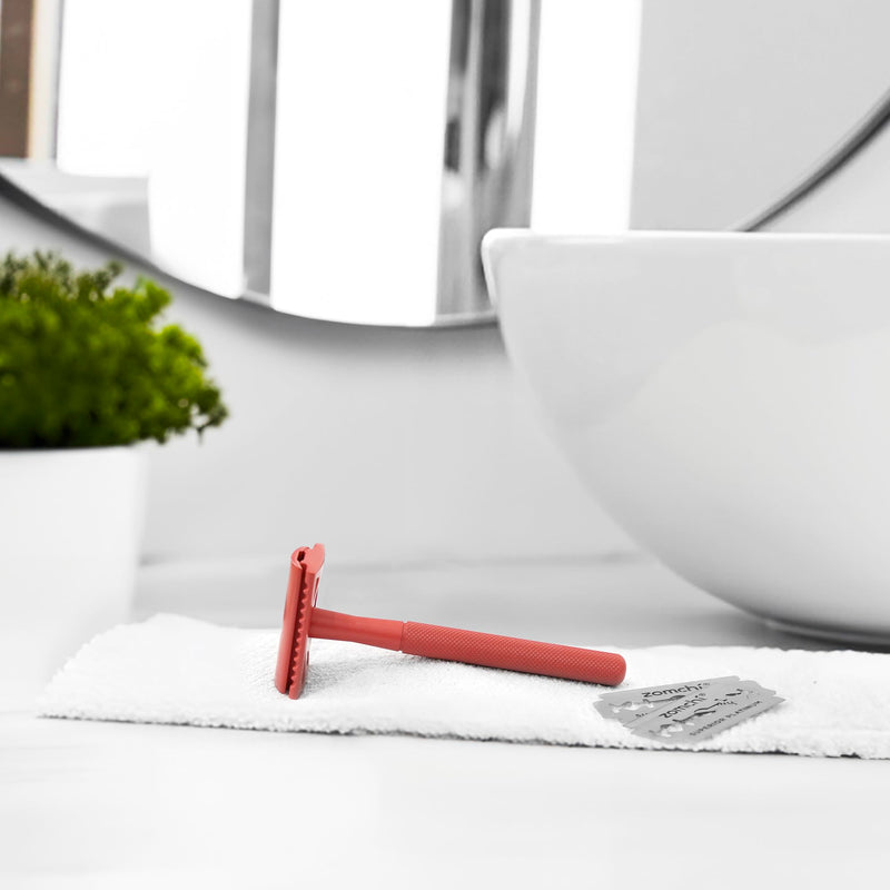 [Australia] - ZOMCHI Single Blade Double Edged Safety Razor with 5 Safety Razor Blades, Metal Razor for Men & Women, Single Blade Razor – Light Coral 