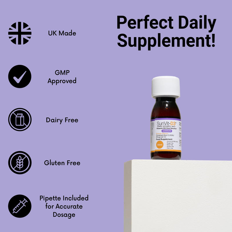 SunVit-D3 Vitamin D3 2000IU Oral Solution - Vitamin D for Kids | Cholecalciferol Vitamin D Drops Baby | Supports Bone, Teeth, Muscle & Immune System (50ml Orange Flavor) 50 count (Pack of 1)