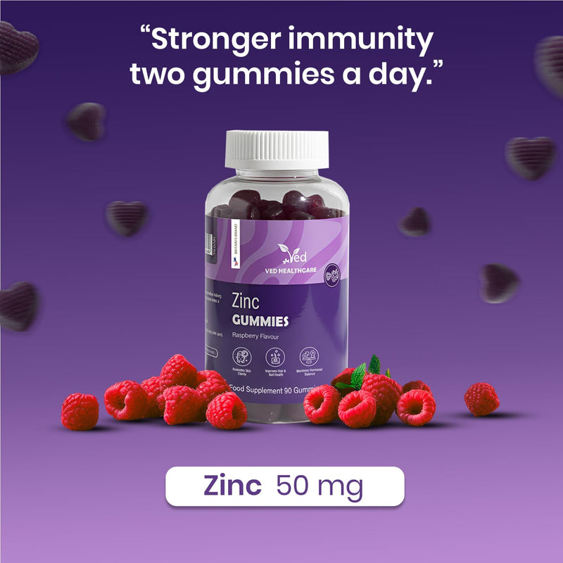 Zinc Gummies 50mg, 45 Days Supply, 90 Gummies, Zinc Supplement for Men & Women, Easy to Chew, Natural Raspberry Flavour, Vegan, Immune, Skin, Hair, Nail, Non-GMO & Magnesium Stearate-Free - By Ved