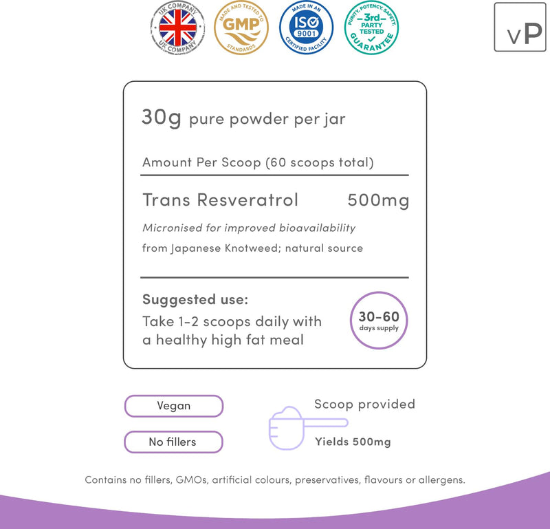 vP Vitality Pro Trans Resveratrol Micronised Powder 30 Grams - Third Party Tested Over 99% Purity - Natural Pure Trans Resveratrol Supplement 30g - Vitality Pro | Third Party Tested, Over 99% Purity, Natural Pure Trans Resveratrol Supplement 30 g