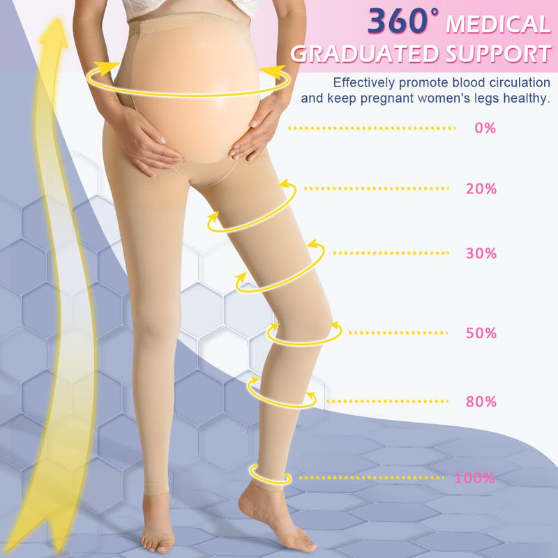 [Australia] - beister Maternity Medical Compression Tights, 20-30mmHg Graduated Support Pregnancy Legging with Button Elastic Band & Abdominal Protection, Footless High Waist Compression Pantyhose for Varicosity Beige Medium 
