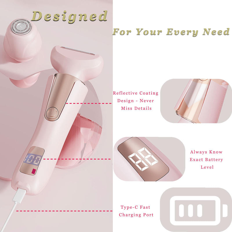 [Australia] - Bikini Trimmer for Women 3 in 1 Body Shaver | No Nick Replaceable Dual Heads | Rechargeable Electric Razors for Pubic Hair with LCD Display | Women's Bikini Area, Face, Legs & Underarms Trimmer 